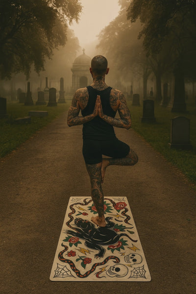 traditional tattoo yoga mat skull and roses print