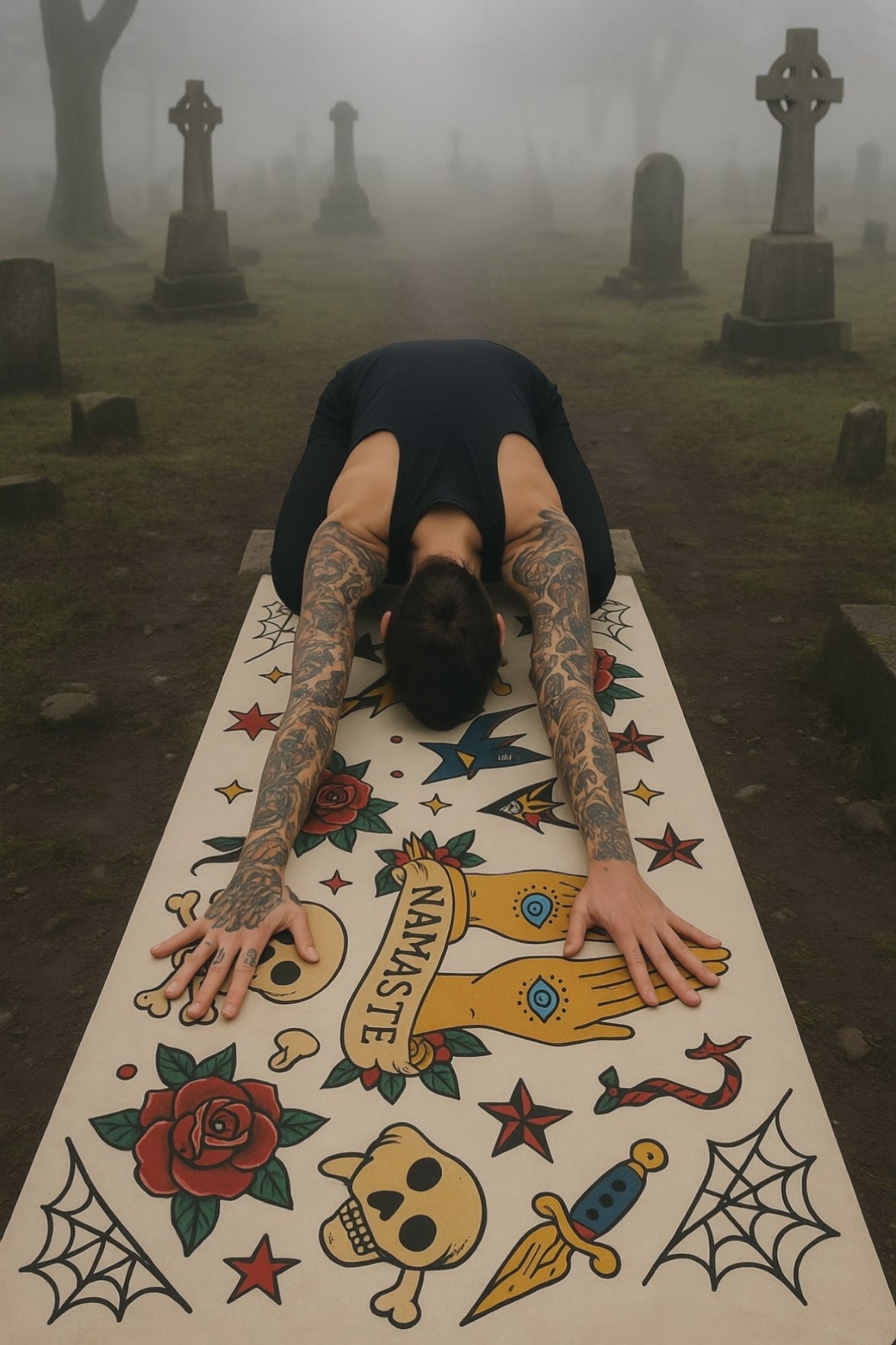 vintage tattoo yoga mat flaming dice design