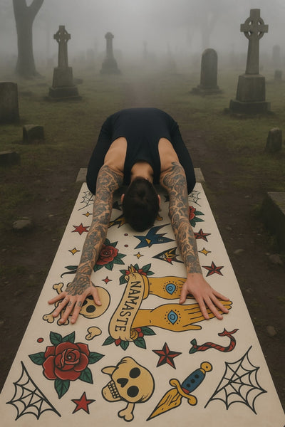 vintage tattoo yoga mat flaming dice design