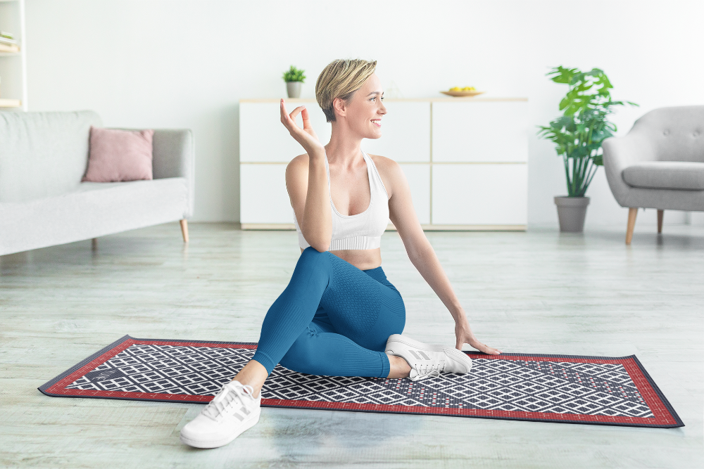 blue pilates mat with print 