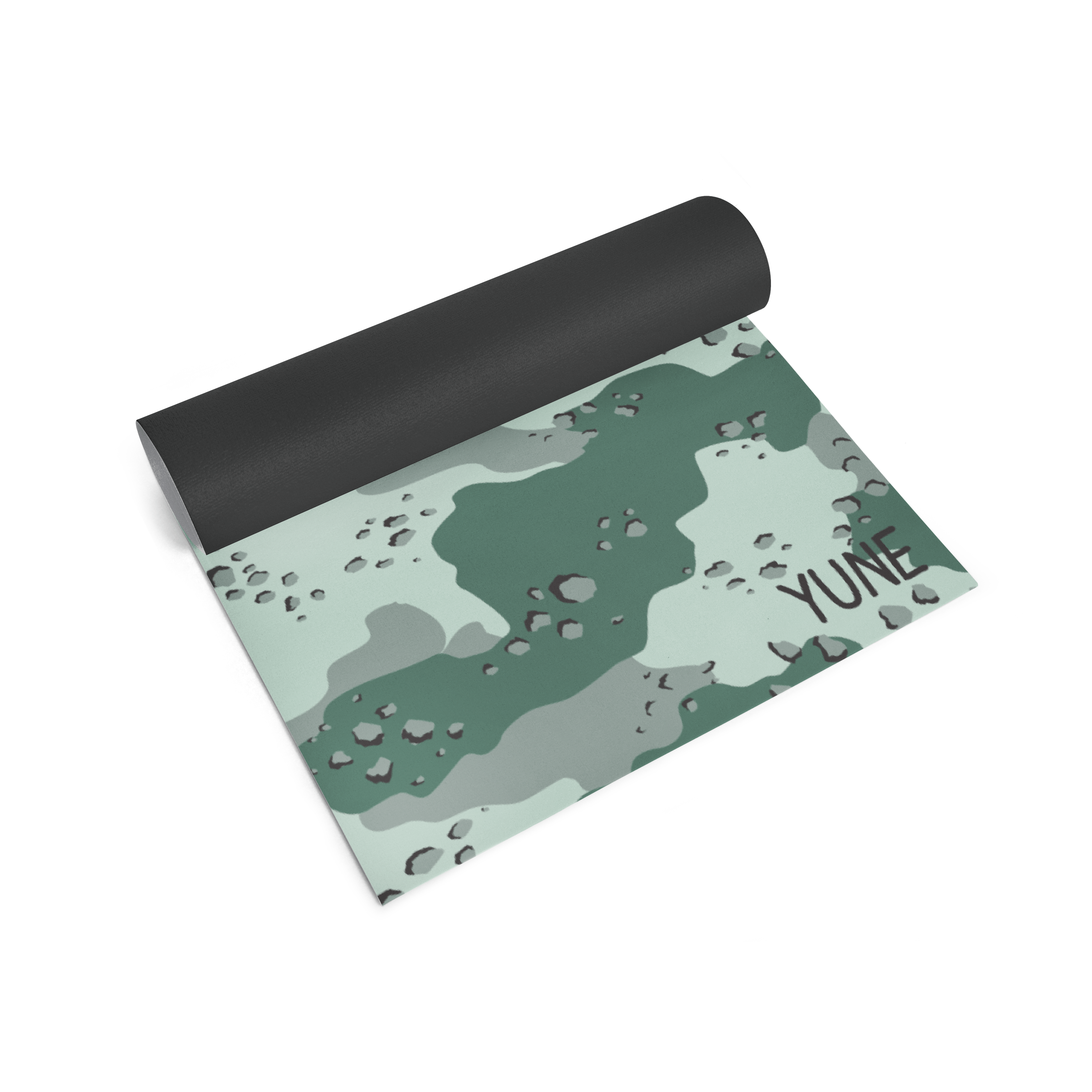 Yoga mat with camouflage pattern and 'Yune' branding on a white background