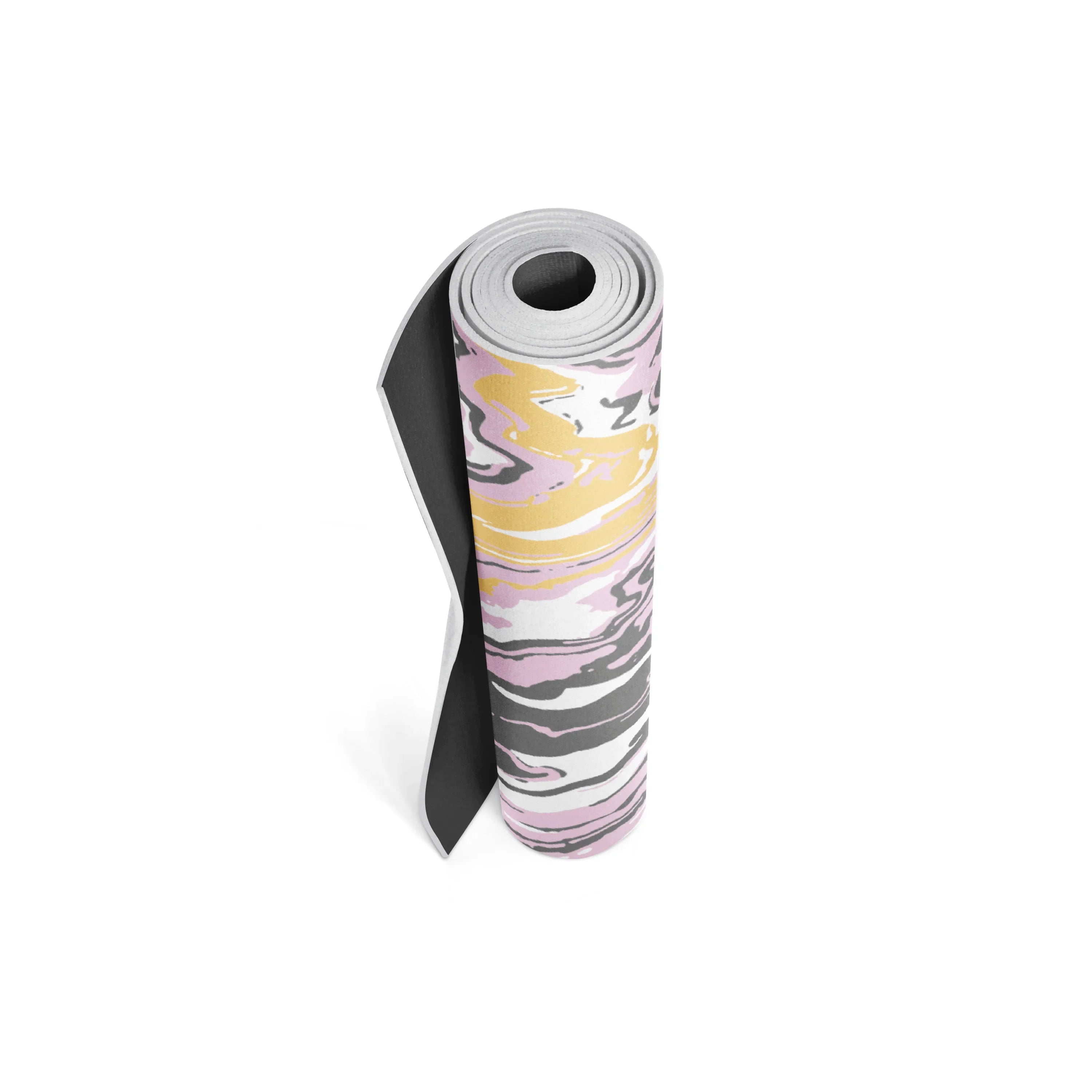 Roll of yoga mat with abstract pattern on a white background