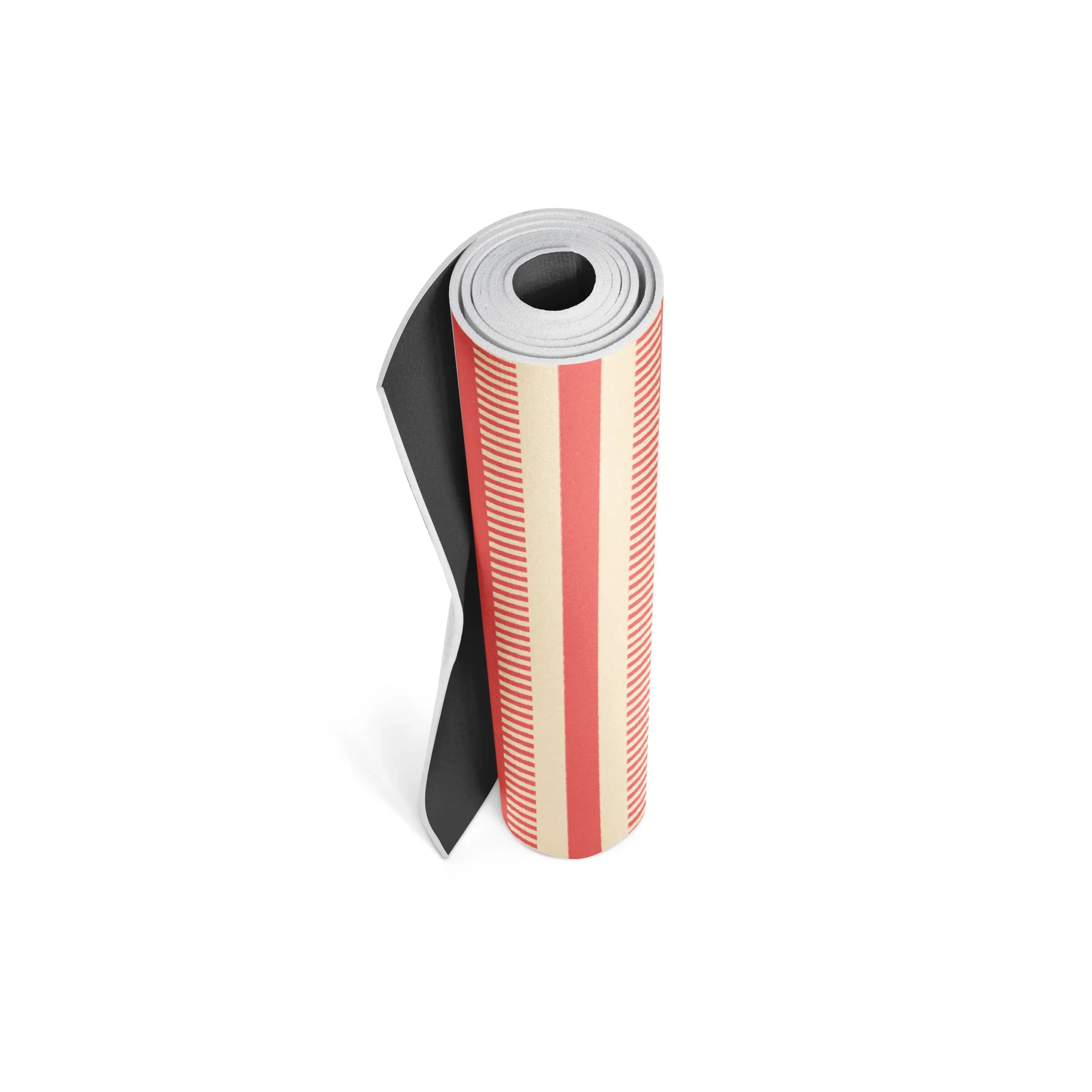 Roll of red and beige striped paper on a white background