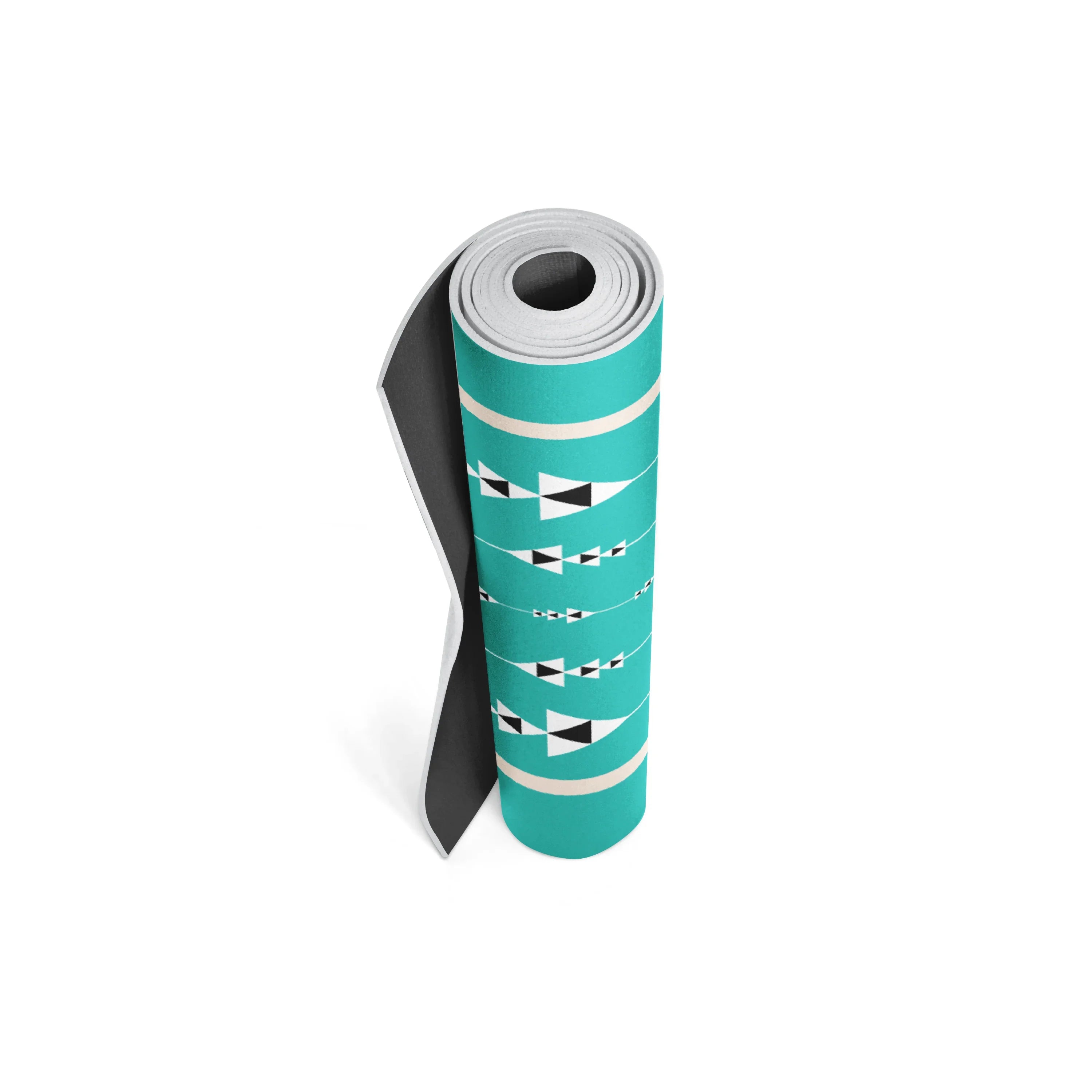 Roll of teal yoga mat with geometric pattern on a white background