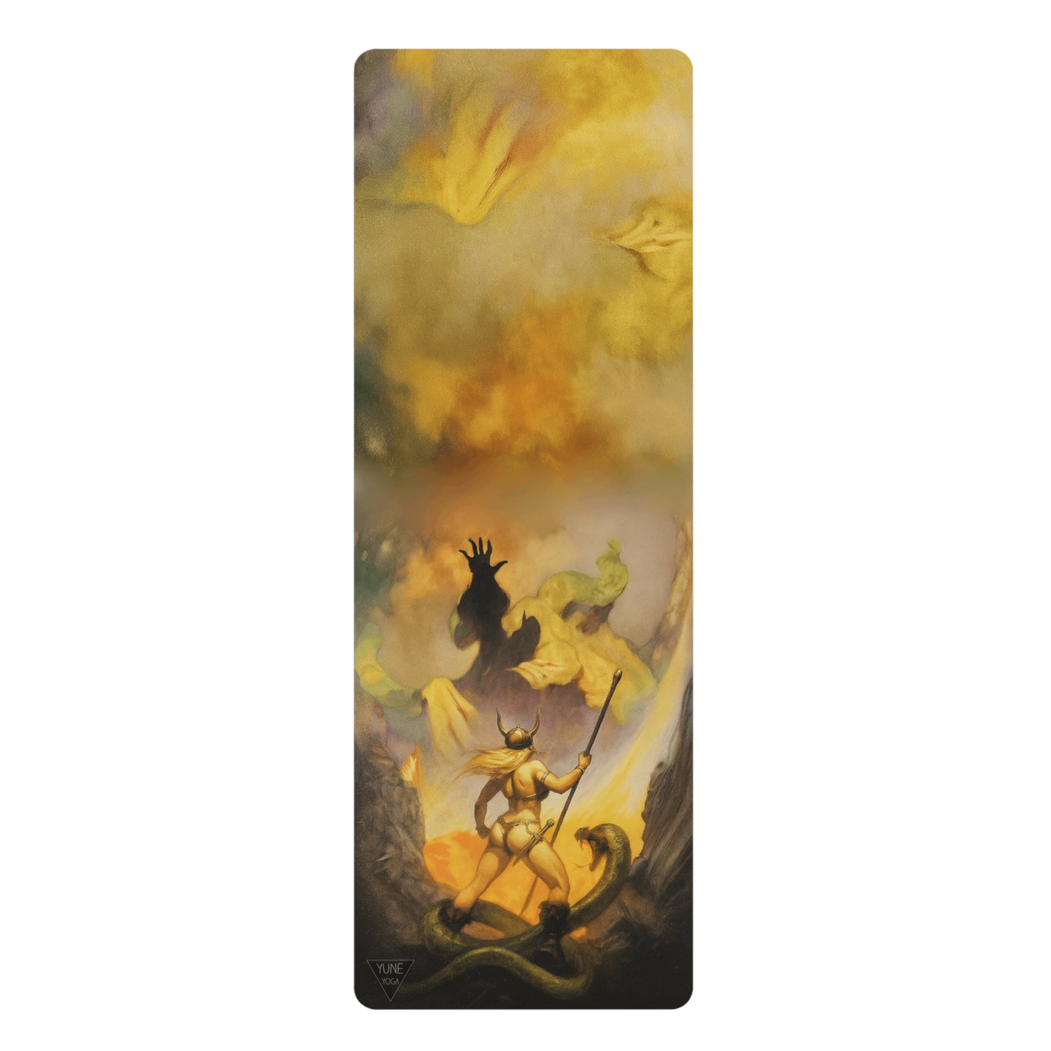 Yoga mat with artistic design of a warrior and dragon on a white background