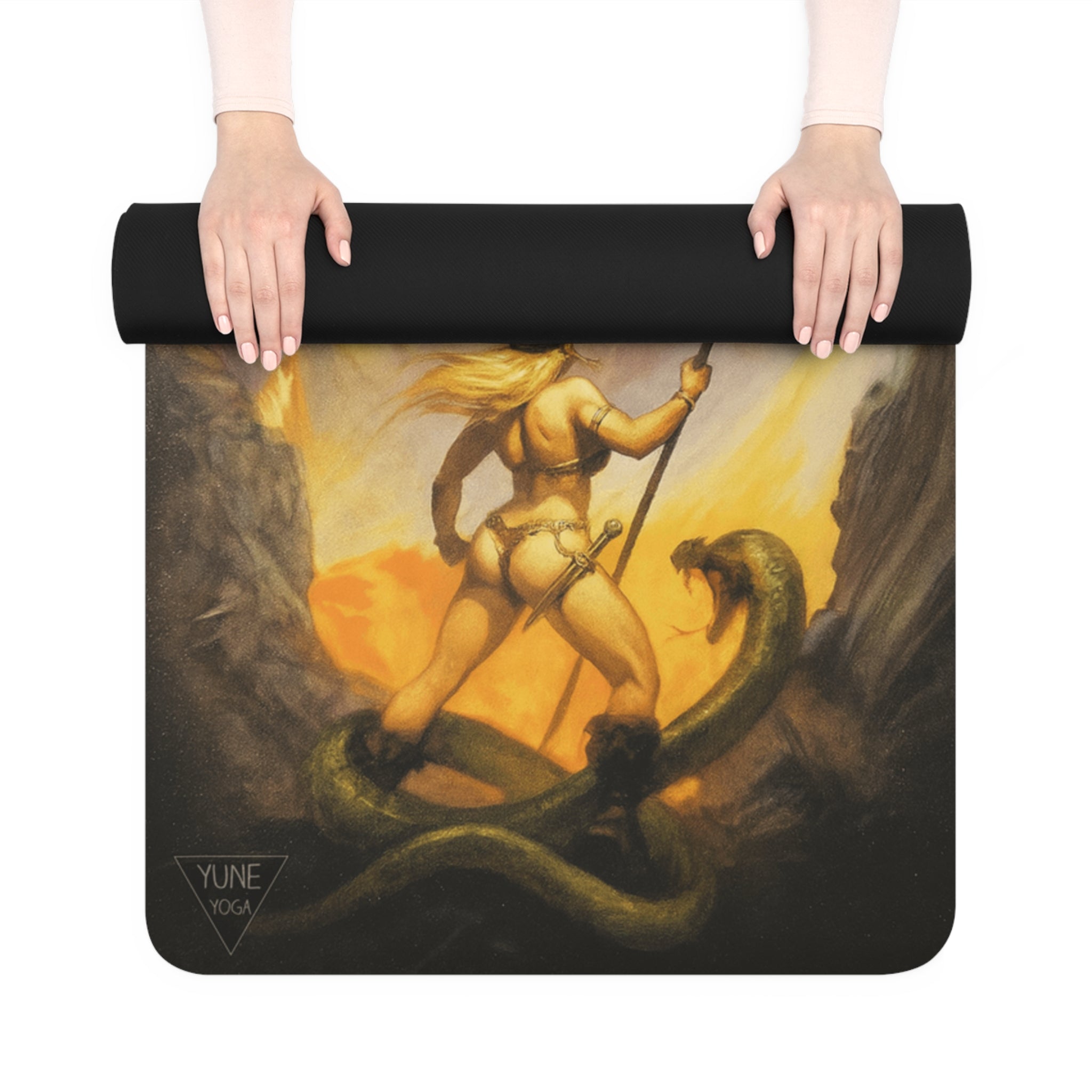 Yoga mat with warrior design held by hands on a white background