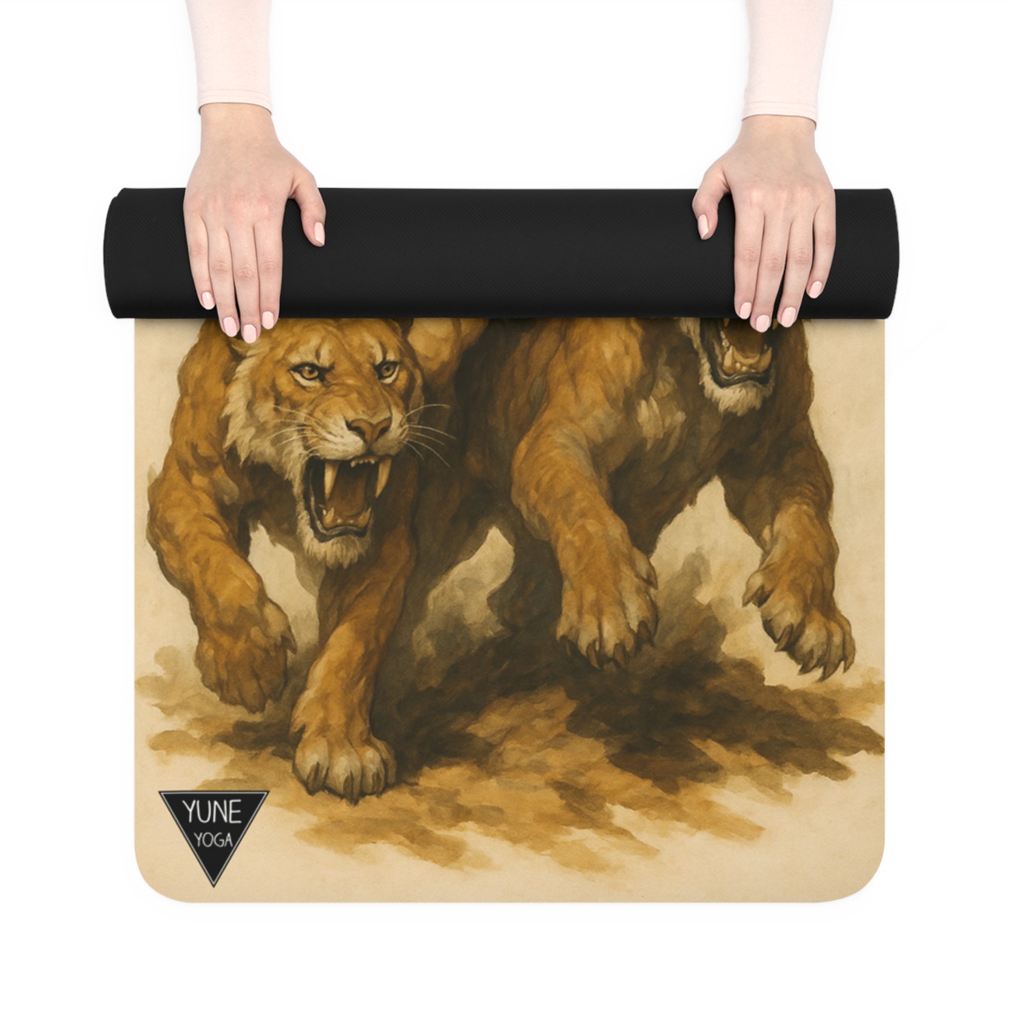 Yoga mat with a lion design held by two hands on a white background