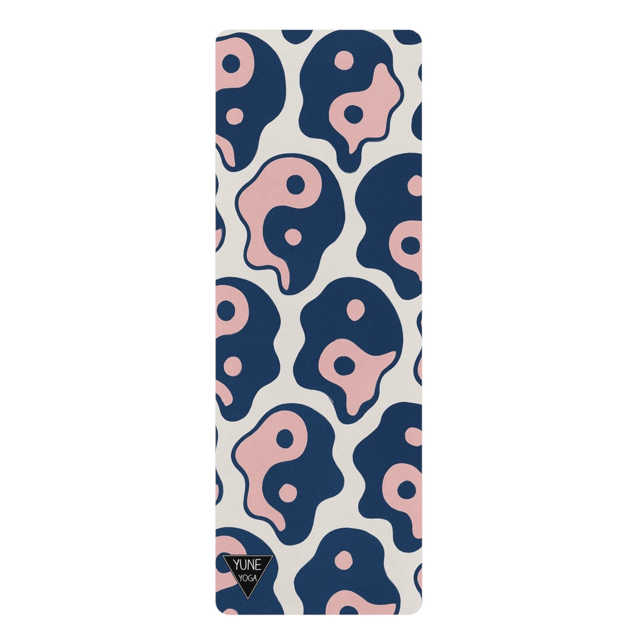 Yoga mat with blue and pink abstract pattern on a white background