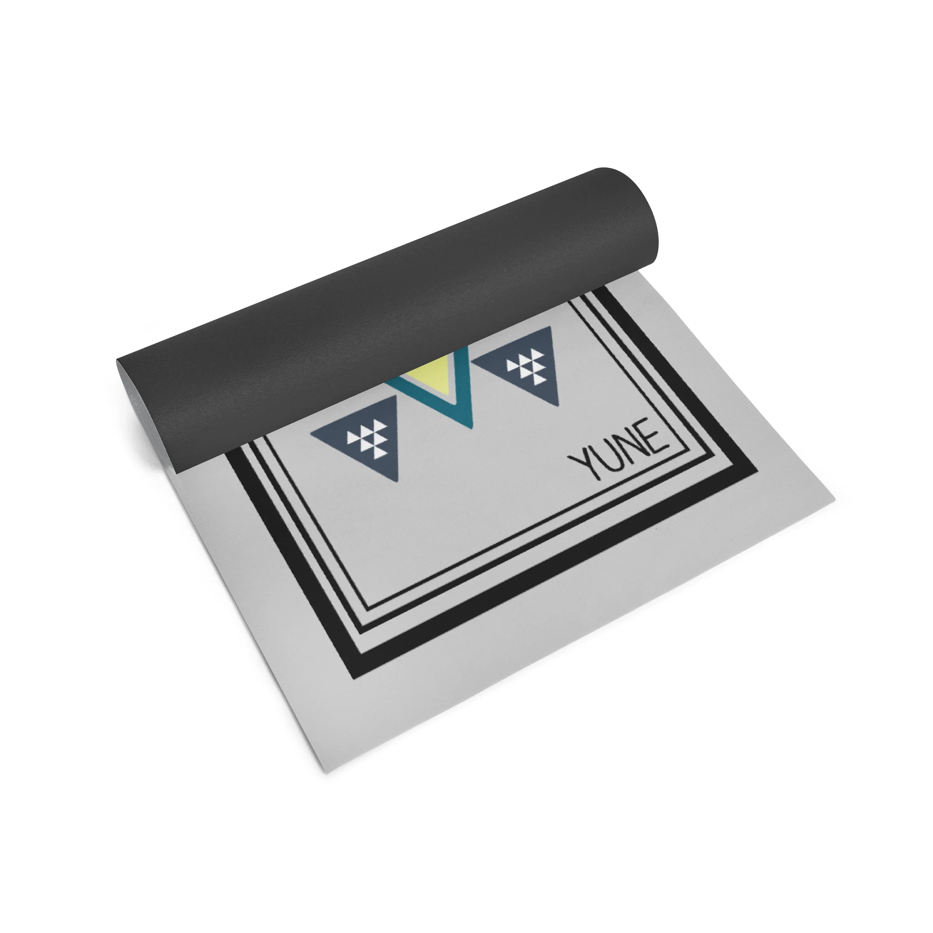 Yoga mat with geometric design and 'YUNE' branding on a white background
